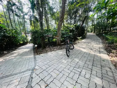 a bike parked on a brick path with trees at The Hive at Druv Dakshin Farm Resort in Padinjarathara