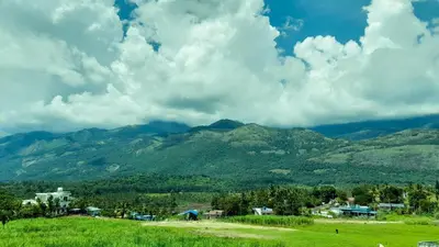 a green field with mountains in the background at Le Sancta homestay in Marayoor