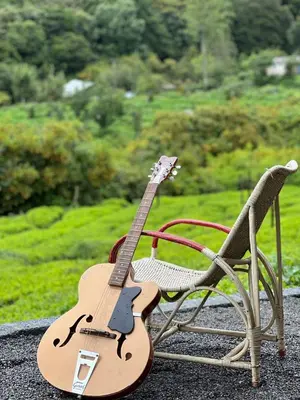 a guitar sitting on top of a chair at Wild and Free Farm Stay in Ooty