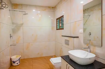 a bathroom with a sink and a shower and a toilet at Puzhayoram holiday home, Aluva in Alwaye