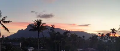 a sunset with palm trees in front of a mountain at JK Home stay in Sultan Bathery