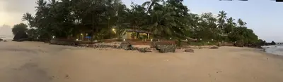 a view of a beach with trees and the ocean at Rocks beach house in Kannur