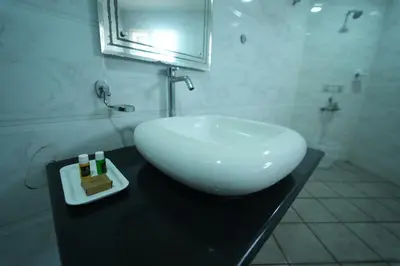 a bathroom with a white sink on a black counter at Mazus Urban Express in Mysore
