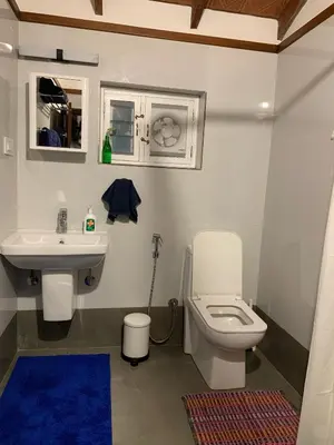 a bathroom with a white toilet and a sink at Cuppa Creek Homestay in Madikeri