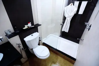 a bathroom with a white toilet and a shower at Hotel Afrad International in Kondotti