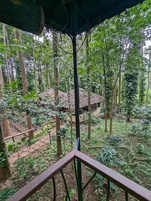 a view from the balcony of a house in the woods at Gorukana Eco Wellness Centre in Honganūr