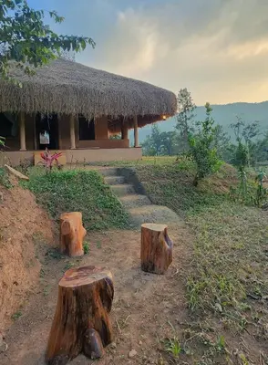 a building with a bunch of logs in front of it at Nelli Mud Village in Thirunelli