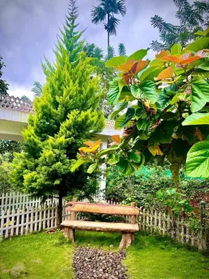 a wooden bench sitting in the grass next to a fence at PADIKKAL BUNGLOW in Vayittiri