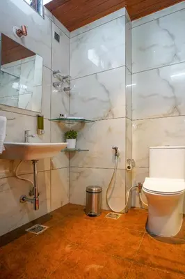 a bathroom with a toilet and a sink at Hotel Yathin in Mysore