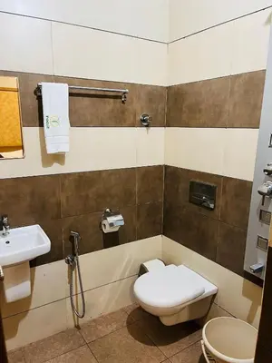 a bathroom with a toilet and a sink at Focuz Habitat Hotel And Ayurveda in Malappuram