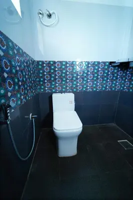 a bathroom with a toilet and a blue tiled wall at Trogon resort in Kabini River