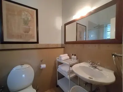 a bathroom with a white toilet and a sink at Hideaway in Ooty