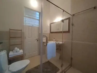 a bathroom with a shower and a toilet and a sink at Hideaway in Ooty