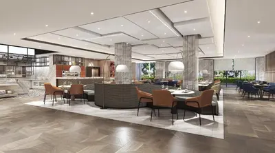 a rendering of a restaurant with tables and chairs at Taj Cochin International Airport, Kerala in Cochin