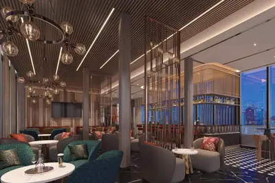 a rendering of a restaurant with tables and chairs at Taj Cochin International Airport, Kerala in Cochin