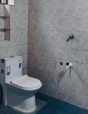a bathroom with a toilet and a tiled wall at JoeAnn Villa in Kalpetta