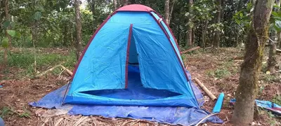 a blue tent in the middle of a forest at Pepper Mist Wayanad Homestay in Tindummal