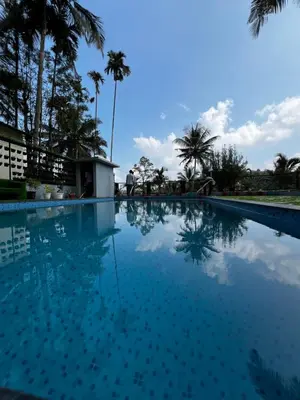 a swimming pool with blue water and palm trees at Wild mist in Padinjarathara