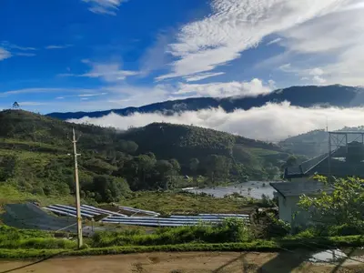 a view of a river with boats on a hill at Drizzling Home Stay in Vattavada