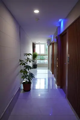 a hallway with potted plants in an office building at Blue Diamond Residency in Perintalmanna