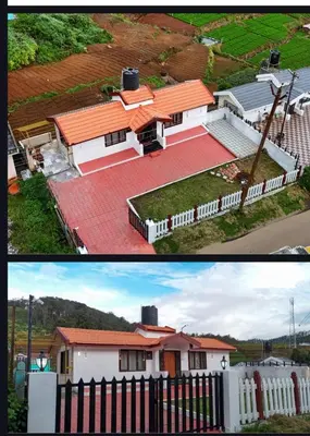 two pictures of a house with a white fence at Hertz stays in Ooty