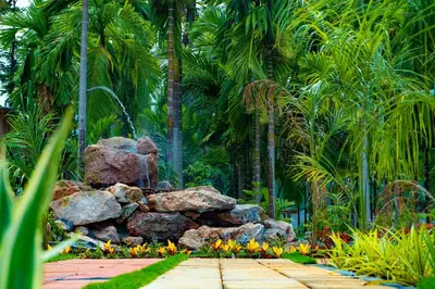 a pile of rocks in a garden with palm trees at Galaxy Garden Resort in Kallār