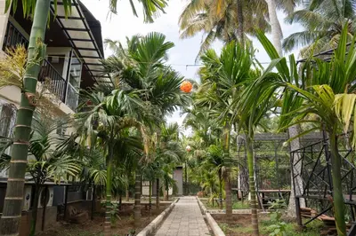 a walkway in front of a house with palm trees at Mountain river farm resort in Agali