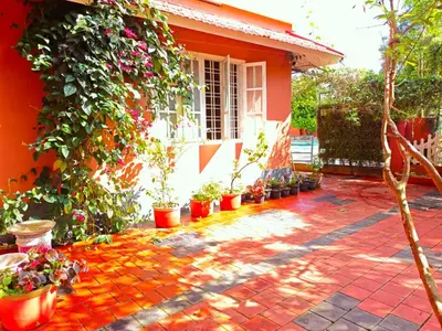 a patio with potted plants and a house at GIRASSOL the hill villa in Vythiri