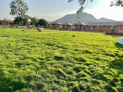 a field of green grass with houses in the background at V Nature Resorts in Kanakapura
