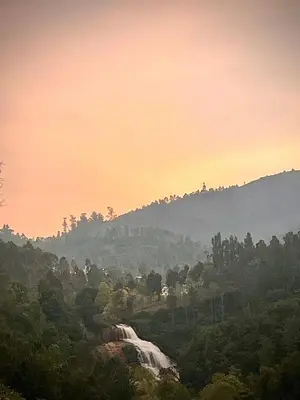 a waterfall in the middle of a forest at sunset at Casa De KCN in Kotagiri