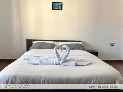 two swansrendered to look like they are kissing on a bed at Travel & Stay in Ooty