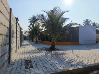a street with palm trees and a building with a tree at Bhuvi farm & homestay in Channapatna