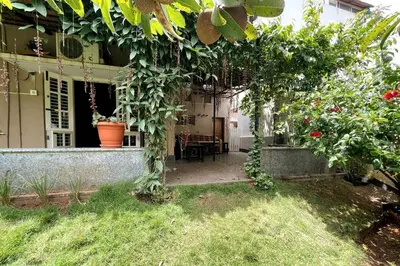 a porch of a house with a bunch of plants at Garden Home mindfully laid out & furnished in Mysore