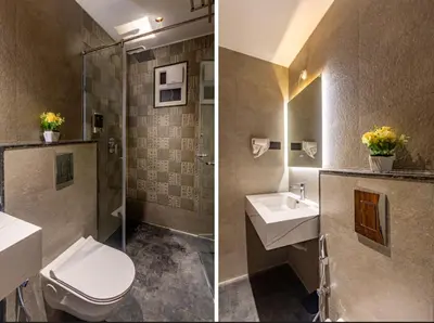 two pictures of a bathroom with a toilet and a sink at Serenity Suites in Ooty