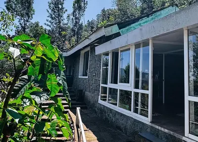a house with a large window and a tree at Manas Valley View bungalow by Xacro Xperiences in Kodaikānāl