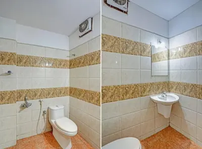 two pictures of a bathroom with a toilet and a sink at Marhaba tourist home in Kunnamangalam