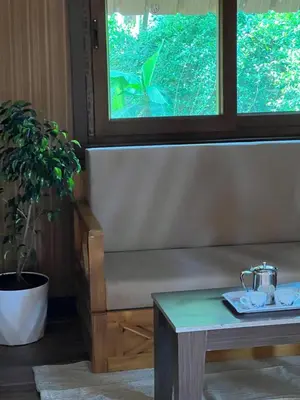 a couch sitting under a window next to a table at Jungle flare in Hampāpura