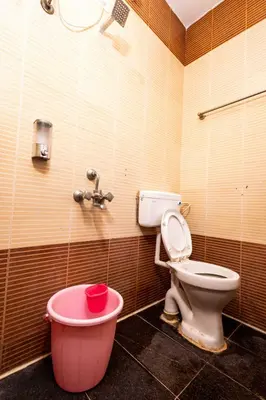 a bathroom with a toilet and a pink bath tub at Hotel DRG Heritage in Tiruppūr