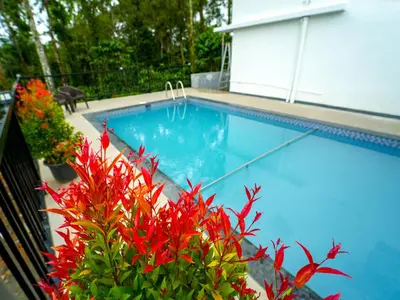 a swimming pool with red flowers in front of it at Oasis Apartment with Pool in Vythiri in Vythiri