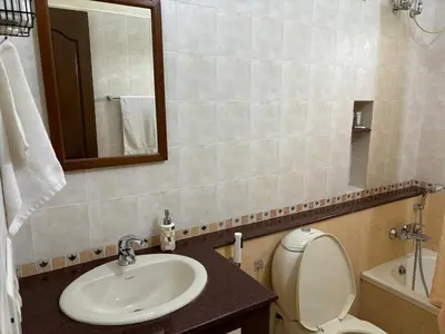 a bathroom with a sink and a toilet and a mirror at Serene Nest Apartment-Kochi Airport in Nedumbassery