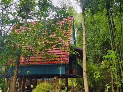 a house with a red roof in the forest at River Valley Huts, Wayanad in Panamaram