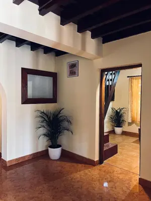 a hallway with two potted plants in a room at Pragathi Homestay in Mananthavady