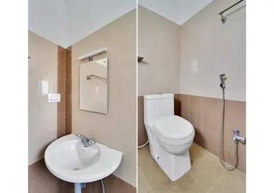 two pictures of a bathroom with a toilet and a sink at The Forest Haven in Ooty