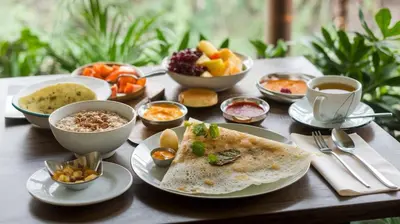 a wooden table topped with plates of food and cups of coffee at Talenresort Vythiri Villas in Wayanad