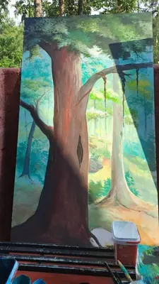 a painting of a painting of a tree at Natura Homestay in Padinjarathara