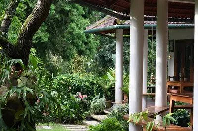 a porch of a house with trees and plants at The School Estate in 100 Acres in Siddapur
