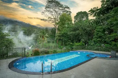 a swimming pool with a view of a waterfall at De Spicewoods, AC Cabin, Pool, Couple only in Kalpetta