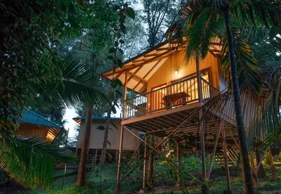 a tree house with a staircase leading up to it at De Spicewoods, AC Cabin, Pool, Couple only in Kalpetta