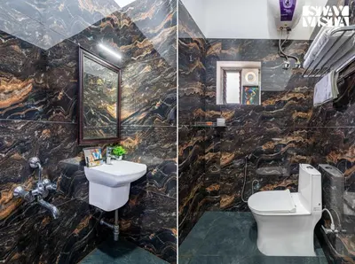 two pictures of a bathroom with a sink and a toilet at StayVista at Ambrosia access to water stream in Kotagiri