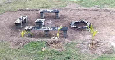 three picnic tables and a fire pit in a field at Coorg Countryside 1BR in Kushālnagar